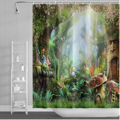 SDOTPMT 180 x 180 cm Pasaku pasaku sēņu dušas aizkars Magic Fantasy Forests Jungle Tree Vannas aizkars Zaļa pļava Augu lapas Ziedi Vannas aizkars vannas istabai Poliesters ar āķiem