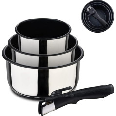 BERGNER Click&Cook 4 gabalu pannu komplekts, izgatavots no nerūsējošā tērauda un nesadalāmā pārklājuma, ietver 3 16, 18 un 20 cm katlus + noņemamu ergonomisku rokturi, piemērots visu veidu plītīm un krāsnīm