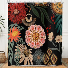 Hnmdmyi Dušas aizkars Black Boho Flowers 180 x 180 cm, Vintage Abstract Bohemian Flower Botanical Vannas aizkars Mid Century Modern Aesthetic Retro Ūdensizturīgs poliestera auduma mazgājams vannas aizkars