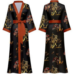 DQSSYTTX Melns garš ziedu zīda halāts sievietēm Kimono halāts Sleepwear viena izmēra ziedu halāts