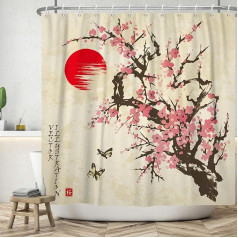 ASDCXZ Cherry Blossom dušas aizkars 180 x 180 cm, Āzijas japāņu stils Rose Cherry Blossom Sun Butterfly Mazgājami vannas istabas dušas aizkari Poliesters Tekstila ūdensizturīgs dušas aizkars vannai ar 12