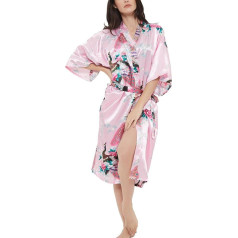 Dāmu satīna rožu drukas kimono Premium Peacock Bridesmaid Bridal Dressing Gown Sleepwear Sleepwear Peacock Pattern Pink 3XL, Peacock Pink