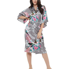 Dāmas Satīna roze drukāt Kimono Premium Peacock līgavas līgavas līgavas kleita Sleepwear Sleepwear Peacock Gery L Plus Size, Peacock Flower Gery