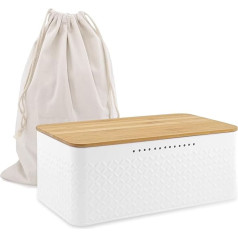 anshuke Bread bin, bread storage, bread box with bamboo lid [2-in-1 function], can be used as a chopping board, made of carbon steel for long freshness, bread container and bread bag (white, 33.2 x 19