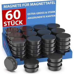 REORDA® Magnēti magnētiskajai tāfelei - 60 x spēcīgi magnēti tāfelei, tāfelei, ledusskapja magnēti un tāfeļu magnēti, stipri līmējoši, apaļi magnēti - melni