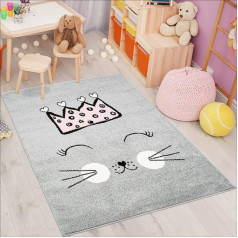 Carpet City Bubble Kids Flat Pile paklājs ar kaķi un kroni rozā, zaļā, pelēkā krāsā bērnistabai