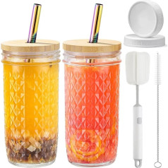 2-teiliges Glasbecher-Set - 680 ml Einmachglas-Trinkgläser mit Bambusdeckeln und Strohhalmen und 2 luftdichten Deckeln, niedlicher wiederverwendbarer Smoothiebecher, Eiskaffeegläsern, Reisebecher für