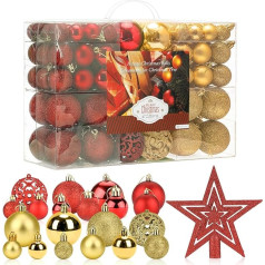 Baubles Aitsite Pack of 101 Ziemassvētku eglīte Baubles Sarkanā un zelta Ziemassvētku Baubles 6 cm / 4 cm / 2 cm Plastmasas Ziemassvētku eglīšu rotājumi Sienas piekaramie rotājumi Ziemassvētku eglīte Baubles Tinsel Door