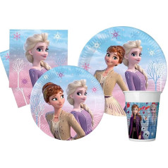 Ciao AZ008 Disney Frozen II Vēja gars 24 personām (112 gabali: šķīvji, krūzes, salvetes) Svētku galda piederumu komplekts, gaiši zils, violets, rozā krāsā