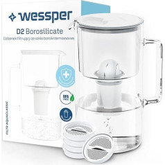 Wessper stikla ūdens filtra krūzes komplekts 2,5 l, saderīgs ar Brita Classic & Wessper ūdens filtru, 5 filtrējošo disku komplekts, aizvietošanas komplekts Brita Classic un 1 x kārtridžs Aquaclassic - balts