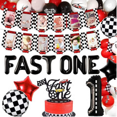 JeVenis Fast One dzimšanas dienas svinību dekorēšana Fast One Cake Topper Fast One baloni Sacīkšu auto Pirmā dzimšanas dienas svinību dekorēšana Piegādes piederumi Fast One Racing Car Foto Baneris