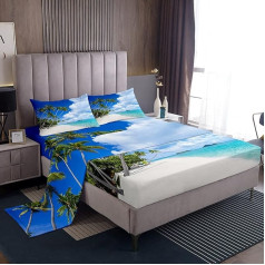 Loussiesd Ocean Beach Hawaiian Palm Wave Bed Sheet Set Tropical Island Fitted Sheet Set 4 gabali ietver 1 plakano lapu un 1 plakano lapu ar 2 spilvendrānām Soft Double