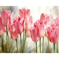 YEESAM ART DIY Oil Painting by Numbers Adults Children, Pink Tulip Flowers Number Painting from 5 Oil Wall Art (Tulip, with Frame)