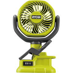 RYOBI 18 V akumulatora ventilators ar klipu RCF18-0 (kompakts un pārnēsājams akumulatora ventilators, gumijots stiprinājuma klips, 2 līmeņu regulēšana, cilindra diametrs (cm) 10, bez akumulatora un lādētāja iepakojumā), zaļš