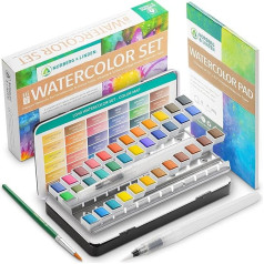 Norberg & Linden Watercolour Paint Set LG40 36 Colours in Half Bowls, 12 Page Drawing Pad, 2 Refillable Water Tank Brushes and 1 Drawing Brush Water Soluble Pigments in Painting Box