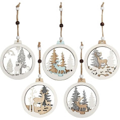 BELLE VOUS Pack of 5 Christmas Decoration Made of Wood, Laser Cut Wood Carving Pendant for Christmas Tree Decoration with Thread - Hanging Decoration Made of Wood Christmas Baubles Decoration