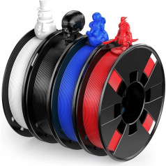 ENTINA PLA filamentu komplekts 3D printeriem, PLA filaments 1,75 mm, 1 kg (250 g x 4 spoles), melns, balts, sarkans un zils PLA filaments, izmēru precizitāte +/- 0,02 mm