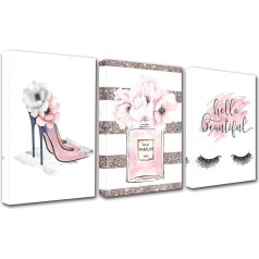 Walarky Women Fashion Canvas Wall Art for Living Room Decor, Set of 3 High Heels Eyelashes Perfume Poster Print Framed Artworks Wall Decoration Girls Dressing Room Wall Pictures Home Decor
