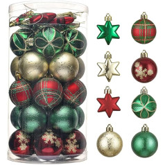 Valery Madelyn Christmas Baubles 35 gab., 5 cm, plastmasas Ziemassvētku eglīšu balviņas ar pakaramo, plastmasas Ziemassvētku rotājumi, lauku ceļu tēma, sarkanzaļi, zaļi, zelta krāsā