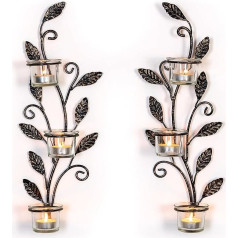 Sziqiqi Candle Holder Wall Leaf - Sienas sveču turētājs Melns sveču turētājs ar 6 tējas lampiņām Stikla sienas sveču turētājs Sienas sveču turētājs Sienas tējas gaismas turētājs Svečturi Metāla svečturis viesistabai Vannas istaba Ēda