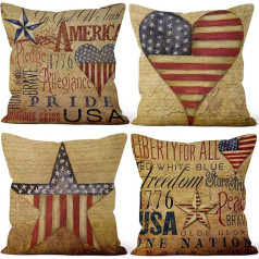 Aoihrraan 46 x 46 cm komplekts no 4 Decorativo Cushion Covers Vintage American Flag Retro USA Country House Style Square Dekoratīvie spilveni izgatavoti no ar neredzamu Zip Linen Dzīvojamā istaba Dīvāns Salons Couch