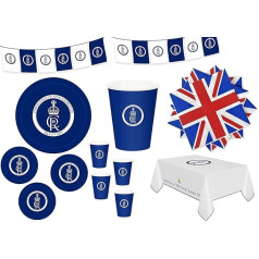 SHATCHI 47 gab. tases šķīvji salvetes galdauti galda piederumu komplekts King Charles III White Blue Royal Crown Party Supplies galda dekorēšana suvenīrs