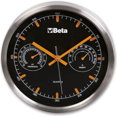 Beta 9594 Wanduhr mit Thermometer und Luftfeuchtigkeitsmesser, Multifunktionale Quarzuhr für die Werkstatt (26 cm Durchmesser, misst Temperatur und Luftfeuchtigkeit), Schwarz/Orange/Silber