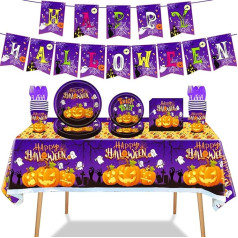 Halloween Geschirr Set, Halloween Party Geschirr Kit für 20 Gäste, Halloween Party Supplies Einschließlich Pappteller, Servietten und Tassen Banner Tischdecken, Halloween Motto-Partys Abendessen