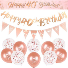 40. dzimšanas dienas dekorēšanas komplekts Rose Gold Happy 40th Birthday Banner Trīsstūra karogs Confetti baloni Dzimšanas dienas svinību dekorācijas piederumi Vecums 40 gadi