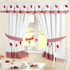 Homespace Direct Bestickte Blumen Gingham Kariert Mohn Bleistiftfalten Küche Vorhänge und Raffhalter, rot, Polyester, rot, 66 x 54 collas