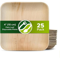 ECO Leaf vienreizlietojamie palmu lapu šķīvji 10 cm kvadrātveida kompostējami, videi draudzīgi, bioloģiski noārdāmi, izturīgi, piemēroti kāzām, ballītēm un piknikam, droši mikroviļņu krāsnī un cepeškrāsnī, 25 gab. iepakojumā