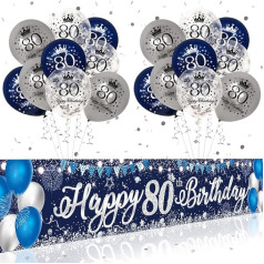 80. dzimšanas dienas dekorēšana Vīrieši Sievietes, Navy Blue Silver Happy 80th Birthday Yard Banner Background, Blue Balloons Confetti Balloons 80. dzimšanas dienas jubilejas pusei Dekorācijas piederumi