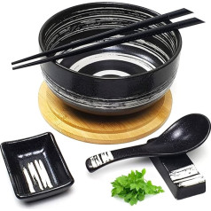 Premium Ramen trauku komplekts ar vāku, ar rokām apgleznots, keramisks, melns, balts, 1100 ml ietilpība, trauku komplekts, japāņu dizains, Ramen trauku komplekts, piederumi, Buldak Ramen nūdeles, Pho Soba