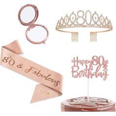 Laimīgu 80. dzimšanas dienas svinību dāvanu piederumi sievietēm, 80. dzimšanas dienas josta un tiara kronis Rose Gold dzimšanas dienas kūka Topper kosmētikas spogulis Compact Mirror, dāvana sievietēm dzimšanas dienas svinību dekorēšanai (80