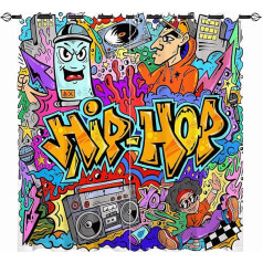 Yuanzu Hipiju aizkari - Bērnu krāsains Hip Hop Graffiti Doodle Print Pattern Eyelet Blackout Thermal Insulated & Room Darkening Window Drapes for Boys Teens Bedroom Playroom 2 Panels W 117 cm x D 137