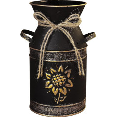 Fovasen Shabby Chic Rustic Black Galvanised Metal Vase with Gold Sunflower Decorative Design 7.6