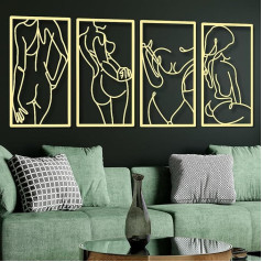 4 gabali mūsdienu minimālisma sienu mākslas komplekts Decor Metal Abstract Single Line Large Feminine Female Female Woman Body Shape Wall Hanging Sculptures Living Room Home (Gold)