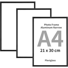 A4-Bilderrahmen aus Aluminium, 3er-Pack, schwarz, schmale Wandhalterung für Bilderrahmen A4 (21 x 29,7 cm), Plexiglas-Front, A4-Fotorahmen, Wandbehang für Zertifikate, Fotos