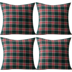 Qelus Weihnachtskissenbezüge, 4er-Set, Schottenkaro, schottische Kissenbezüge, kariert, 45 x 45 cm, weiches Baumwoll-Polyester, für Auto, Sofa, Schlafzimmer, Weihnachtsdekoration, 45 x 45 cm, Grün Rot