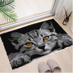 VIONNPPT Cute Cat Latch Rug to Knotting Yourself, DIY izšūšanas spilvenu paklājs, nepabeigts tamborēšanas paklāju komplekts ar iepriekš apdrukātu, Latch Hook komplekti bērniem un pieaugušajiem (Grey Cat, 60 cm x 40 cm)