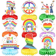 9 Stück Regenbogen Pride Honeycomb Centerpieces galda dekori, Asorti LGBTQ+ Pattern Table Topper Ornaments Ornamenti Zīmes geju praida mēneša rotājumi, atbalsta LGBTQ praida lietas piederumi