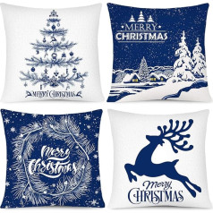 Whaline Merry Christmas Cushion Cover White Blue Cushion Cover Snow Christmas Tree Reindeer Throw Pillow Covers for Home Office Sofa Bed Christmas Party Decoration 4 gab 18 x 18 collu