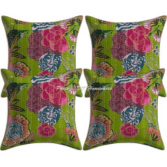 DK Homewares Etniskā dīvāns Zierkissenbezüge 40x40 cm Papagei Grün Baumwolle Kantha Kissenbezüge Boho Style Gedruckt Tropicana Quadrat Zierkissenbezüge - 4er-Set (nur Bezug)