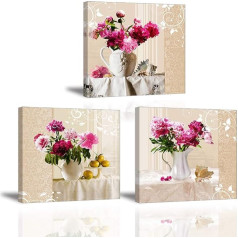 Piy Painting Art Print uz audekla, Peony Flower ar baltu vāzi, moderns audekls Print ar Stretcher Frame, sienas māksla dzimšanas dienas dāvanai (30 x 30 cm, 3 gabali)