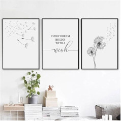 Herfair 3 plakātu komplekts Dandelion Picture Set Modern Black White Canvas Pictures Sienas bildes Dandelion Canvas Stylish Wall Pictures bez rāmja (50 x 70 cm)