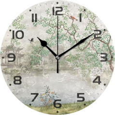 Mnsruu Lieli sienas pulksteņi Pavasara Willow ķīniešu Windbird Baterija darbojas Non Ticking 10 collu Silent Art guļamistaba Virtuves Atomic pulksteņi Analog pulksteņi Home Decor 25x25cm