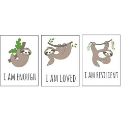 Ierāmētas karikatūra sienas mākslas drukas - 3 gabali (20cmx11.8 collu), Funny Sloth Tree Brave Quotes Canvas Plakāts Vēzis Gleznas Bērnistabas guļamistaba Home Decor Kids dāvanas