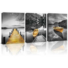 HPNIUB Attēli ar rāmi Ainava Daba, Sienas Picture Grey Yellow Nordic Boat, Modern Mountains and Lake Panorama Art Print Dekorēšana dzīvojamā istaba, guļamistaba, virtuve, ēdamistaba un vannas istaba