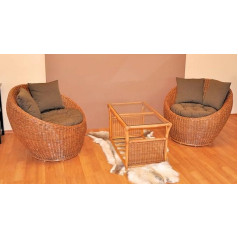 Rattani Gen Tong krāsa Brown Wash Wicker Rattan komplekts, 2 rotangpalmas krēslu komplekts + rotangpalmas galds ar spilvenu