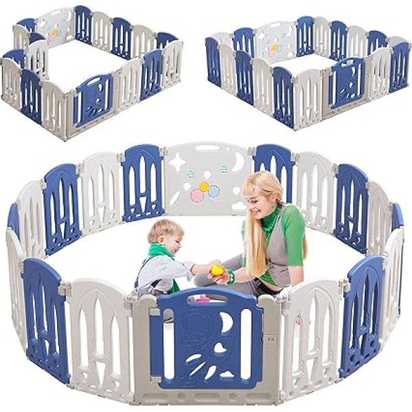 Xinzi Playpen, Baby Playpen, Foldable Children's Fence, 18 Panels, Plastic Play Fence, Baby Fence with Door and Toy Board, Large Crawling Gate, Safety Fence, Barrier for Children, White + Blue